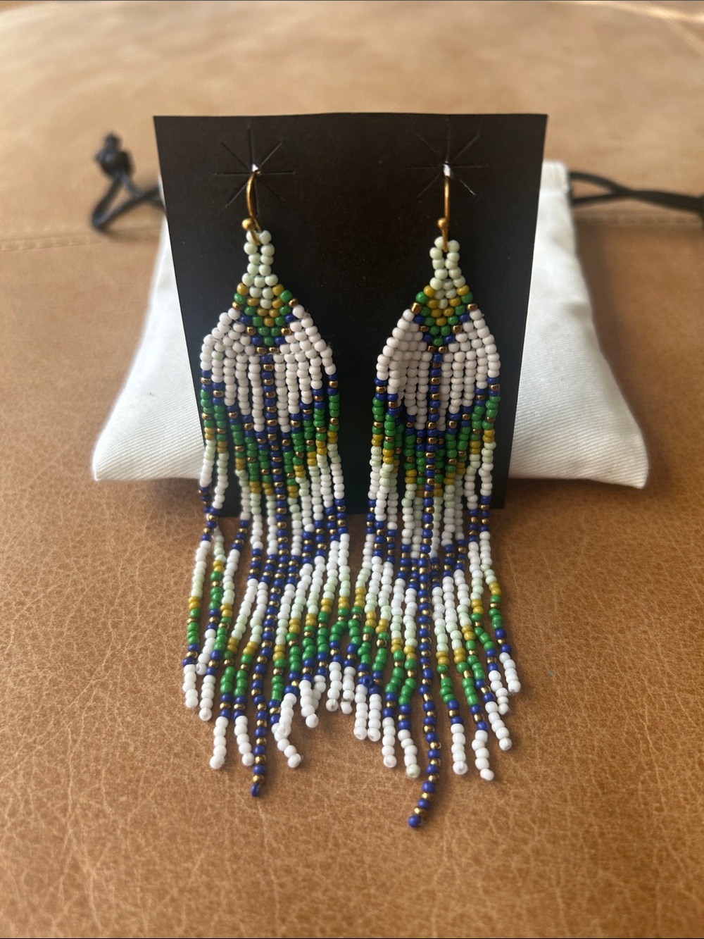 Handmade Myra White, Blue & Green Seed Bead Fringe Earrings